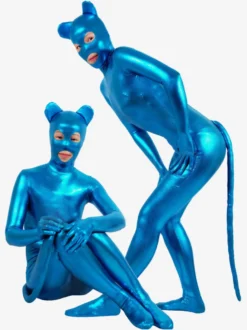 Combinaisons zentai animales Zentai Catsuit Chat Sexy 2026 Bleu Brillant Métallique Costume Animaux Cosplay Déguisements Halloween