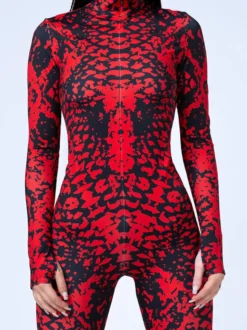 Combinaison zentai à motifs combinaison moulante à texture marbrée rouge et noire pour femme motif veineux imprimé en 3D