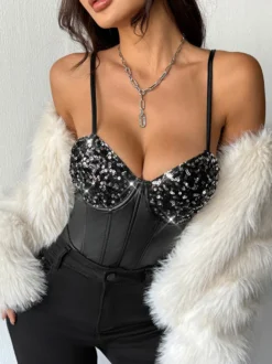 Corset argenté chic sans manches à bretelles et décolleté ajusté tops à sequins