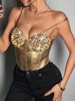 Corset argenté chic sans manches à bretelles et décolleté ajusté tops à sequins