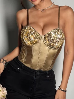 Corset argenté chic sans manches à bretelles et décolleté ajusté tops à sequins