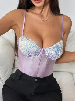 Corset argenté chic sans manches à bretelles et décolleté ajusté tops à sequins