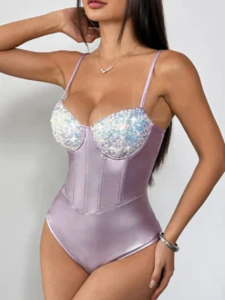 Corset argenté chic sans manches à bretelles et décolleté ajusté tops à sequins