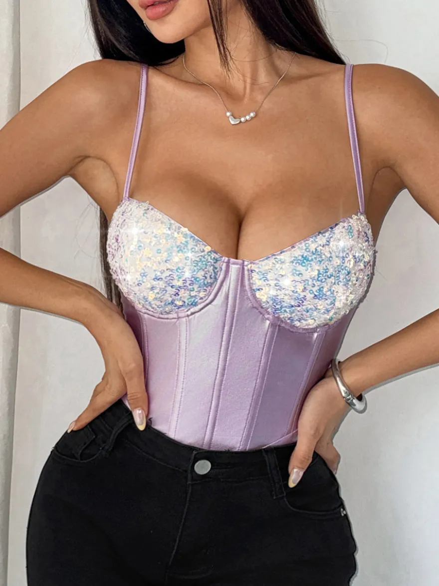 Corset argenté chic sans manches à bretelles et décolleté ajusté tops à sequins