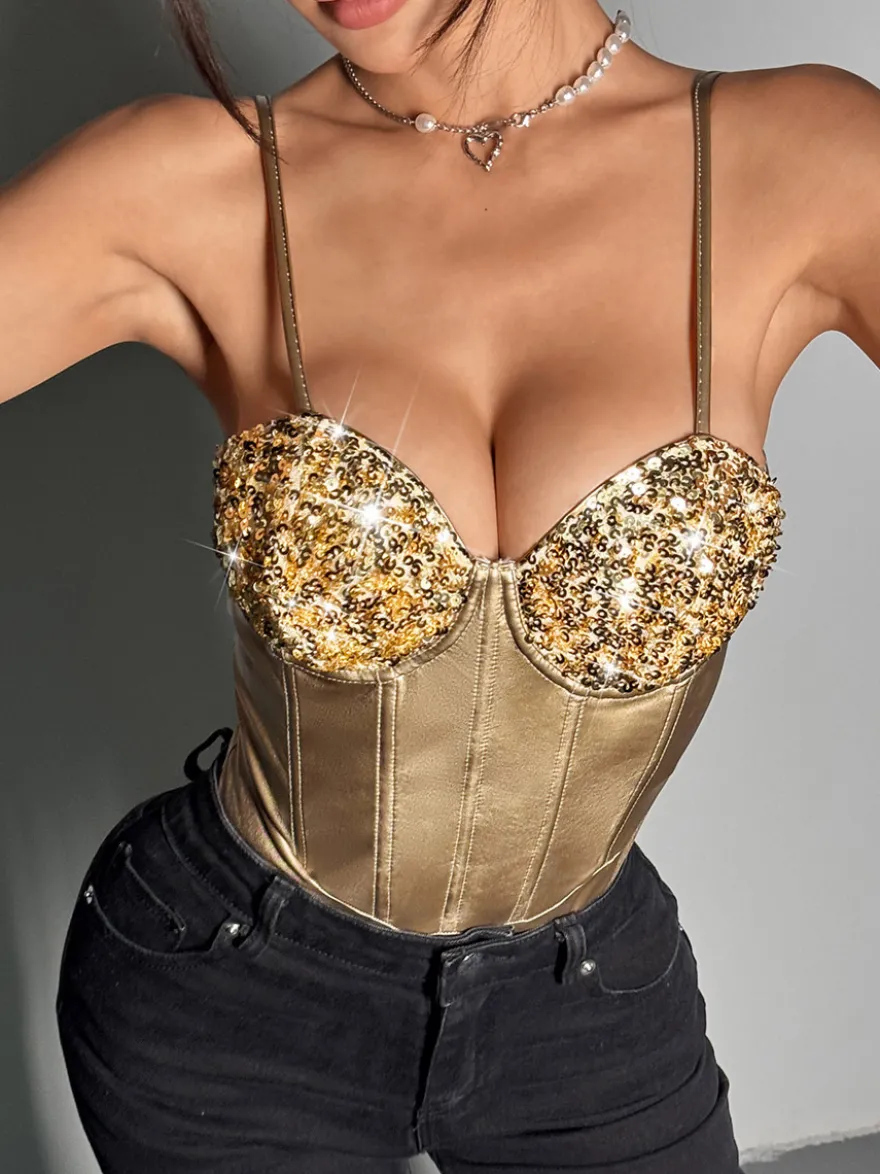 Corset argenté chic sans manches à bretelles et décolleté ajusté tops à sequins