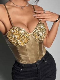 Corset argenté chic sans manches à bretelles et décolleté ajusté tops à sequins