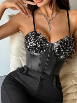 Corset argenté chic sans manches à bretelles et décolleté ajusté tops à sequins