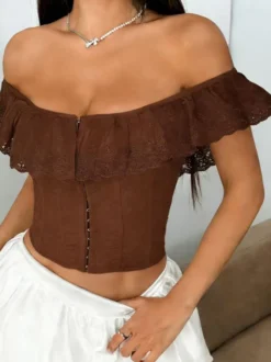 Corset bleu ciel clair chic sans manches épaules dénudées coupe ajustée volants laçage