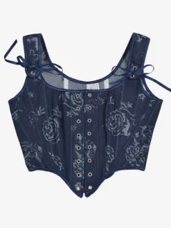 Corset bleu marine à imprimé floral bretelles réglables à nœud œillets sur le devant ourlet ondulé bustier sculptant la taille