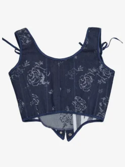 Corset bleu marine à imprimé floral bretelles réglables à nœud œillets sur le devant ourlet ondulé bustier sculptant la taille
