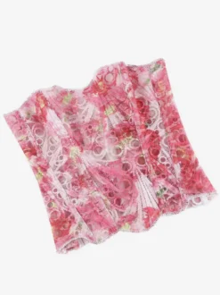 Corset bustier rose en dentelle florale sans bretelles à baleines en acier gainant la taille.
