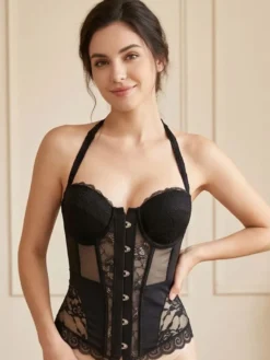 Corset dos nu en dentelle et résille avec soutien-gorge intégré nœud papillon laçage au dos et œillets bustier sculptant la taille