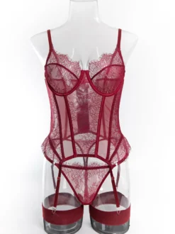 Corset en dentelle bordeaux lingerie sexy ensemble 3 pièces avec porte-jarretelles