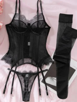 Corset en dentelle bordeaux lingerie sexy ensemble 3 pièces avec porte-jarretelles