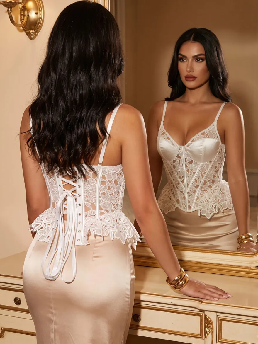 Corset en dentelle satinée débardeur à col en V armatures au dos laçage ourlet à volants