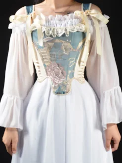 Corset à fines bretelles imprimé floral orné de dentelle et d'un nœud décoratif laçage au dos style vintage bustier sculptant la taille