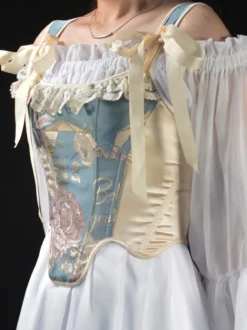Corset à fines bretelles imprimé floral orné de dentelle et d'un nœud décoratif laçage au dos style vintage bustier sculptant la taille