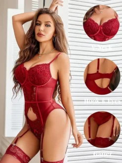 Corset lingerie lacé bustier en dentelle résille bleu marine foncé avec chaussettes hautes
