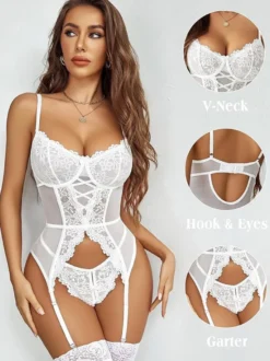 Corset lingerie lacé bustier en dentelle résille bleu marine foncé avec chaussettes hautes