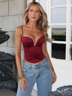 Corset pour femme - Bustier-camisole en satin à décolleté plongeant en V - Soirée d'été en boîte de nuit 2026