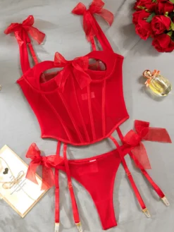 Corset rouge sexy en polyester à lacets ensemble de lingerie 2 pièces avec pantalon