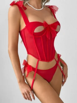 Corset rouge sexy en polyester à lacets ensemble de lingerie 2 pièces avec pantalon