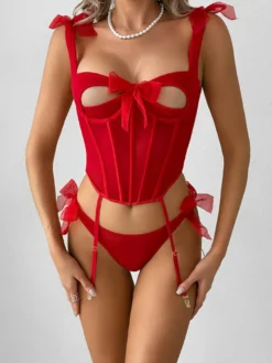 Corset rouge sexy en polyester à lacets ensemble de lingerie 2 pièces avec pantalon