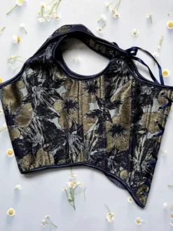 Corset vintage à imprimé floral doré bretelles spaghetti laçage au dos ourlet ondulé bustier sculptant la taille