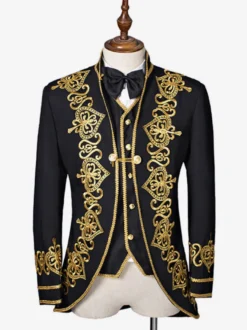 Costume Baroque Noir Opéra Manteau Vintage Hommes Brodé Uniforme Rétro Déguisements Halloween
