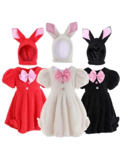 Costume Carnaval de Lapin Fille Cadeau Noël Enfants Robe Bébé avec Chapeau à Capuche Déguisement Halloween Baptême
