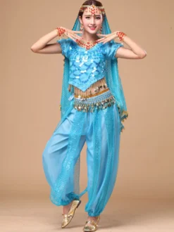 Costume Danse du ventre Bleu en mousseline de soie de danse Bollywood 2026 Robe pour femmes Déguisements Halloween