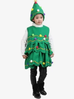 Costume d'arbre de Noël vert de Noël Robe de chapeau en fibre de polyester Costumes de vacances de Noël Ensemble complet
