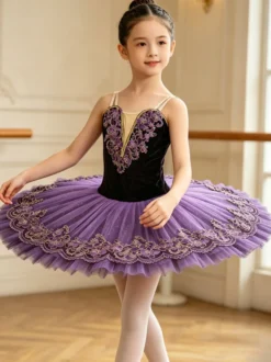 Costume de danse classique violet pour fille robe de ballerine brodée en polyester.
