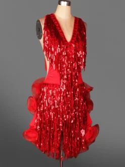 Costume de danse danse latine Costume jaune paillettes franges Halter volants sans manches robe de la femme Déguisements Halloween