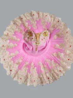 Costume de danse de ballet rose dentelle brodée perlée robe de ballerine tutu Déguisements Halloween
