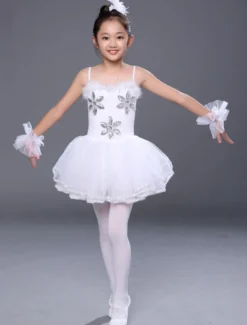 Costume de danse de ballets 2026 blanc Enfant Cosplya Strappy Strass perlé Tutu Robes Déguisements Halloween