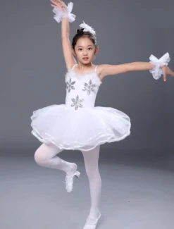 Costume de danse de ballets 2026 blanc Enfant Cosplya Strappy Strass perlé Tutu Robes Déguisements Halloween