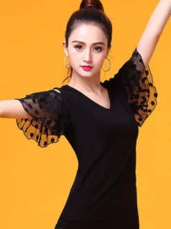 Costume de danse de salon Top Black femmes Bell manches formation T Shirt vêtements de danse Déguisements Halloween