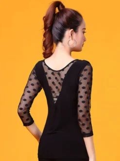 Costume de danse de salon Top noir femmes à manches longues Polka Dot Cowl Neck Training vêtements de danse Déguisements Halloween
