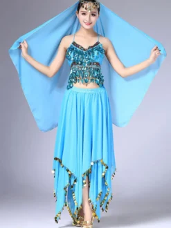 Costume de danse du ventre Outfit femmes jupe en mousseline de soie Top et Voile Bollywood Dancing Wear Déguisements Halloween