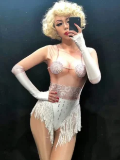 Costume de danse Jazz Déguisements Halloween Femmes Sexy Blanc Manches Longues Illusion Night Club Wear Combinaison