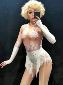 Costume de danse Jazz Déguisements Halloween Femmes Sexy Blanc Manches Longues Illusion Night Club Wear Combinaison