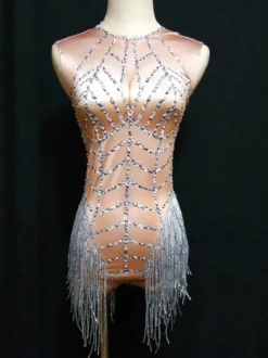 Costume de Danse Jazz Déguisements Halloween Sexy Femmes Perles Glands Mini Combinaisons