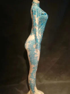 Costume de danse jazz femmes sexy bleu combinaisons perlées à manches longues Déguisements Halloween
