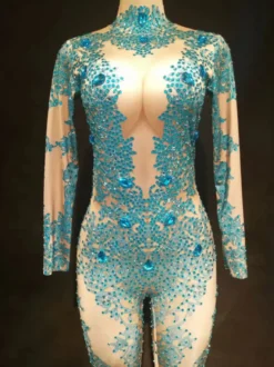 Costume de danse jazz femmes sexy bleu combinaisons perlées à manches longues Déguisements Halloween