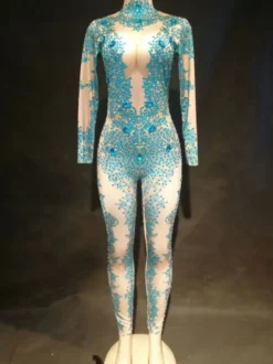 Costume de danse jazz femmes sexy bleu combinaisons perlées à manches longues Déguisements Halloween