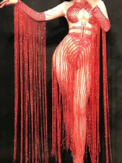 Costume de danse jazz glands rouges manches longues femmes Sexy Club Wear Déguisements Halloween
