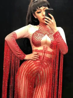 Costume de danse jazz glands rouges manches longues femmes Sexy Club Wear Déguisements Halloween