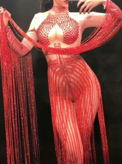 Costume de danse jazz glands rouges manches longues femmes Sexy Club Wear Déguisements Halloween