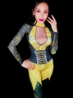 Costume De Danse Jazz Jaune Manches Longues Col En V Sexy Pour Femmes Déguisements Halloween
